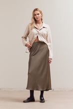Load image into Gallery viewer, Flared Satin Maxi Skirt | Martini Olive