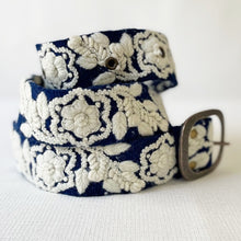 Load image into Gallery viewer, Jenny Krauss Belt | Two-Tone Embroidered Wool Belt, Blue/Cream