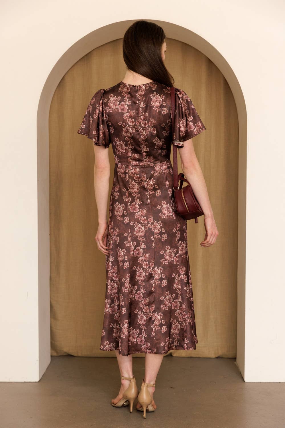 Vintage Rose Flutter Sleeve Midi Dress