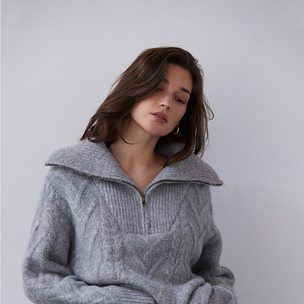 Crescent Mary-Ann Front Zip Chunky Cable Knit Sweater
