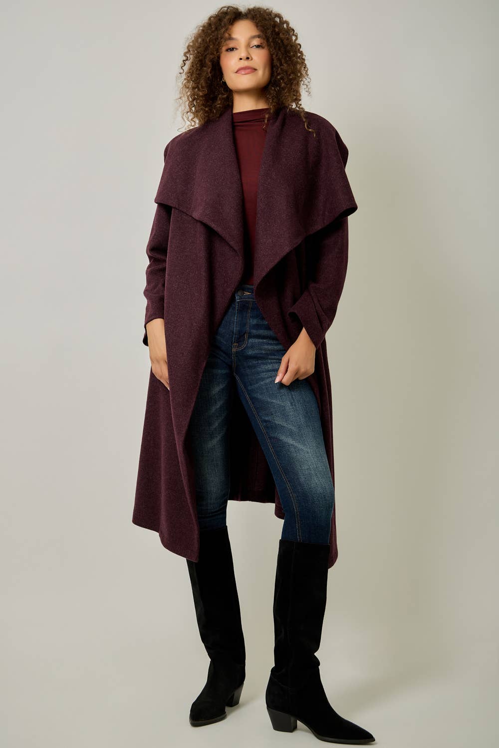 Shawl Collar Long Coat | Burgundy