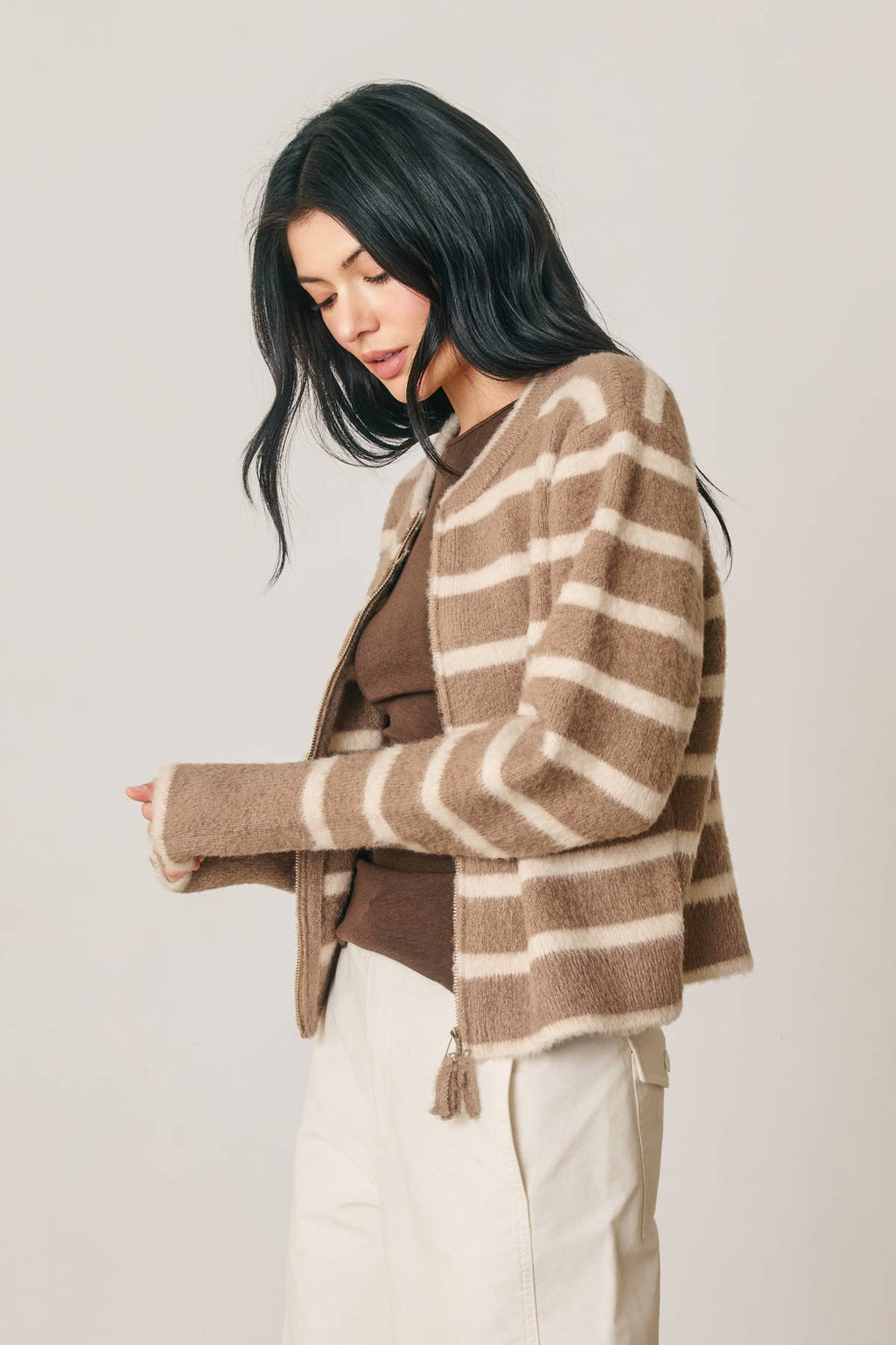 Striped Double Zip Up Cardigan | Brown/Cream