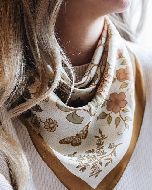 100% Silk Bandana Scarf | Western Floral & Butterfly
