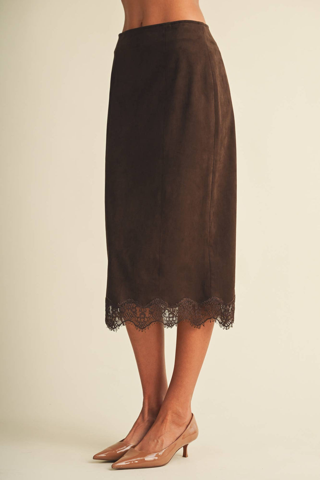 The Lace-Trim Microsuede Midi Skirt