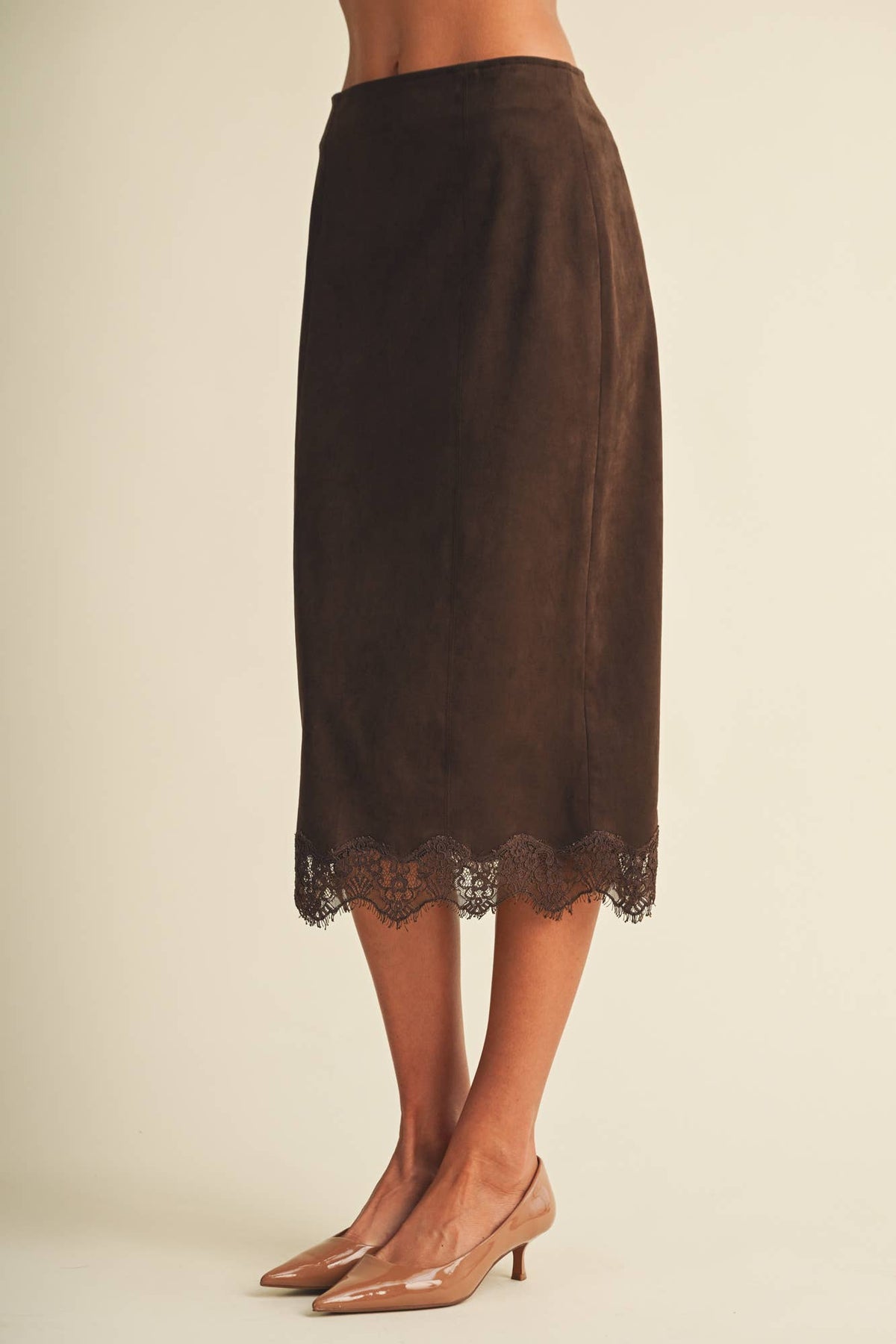 The Lace-Trim Microsuede Midi Skirt