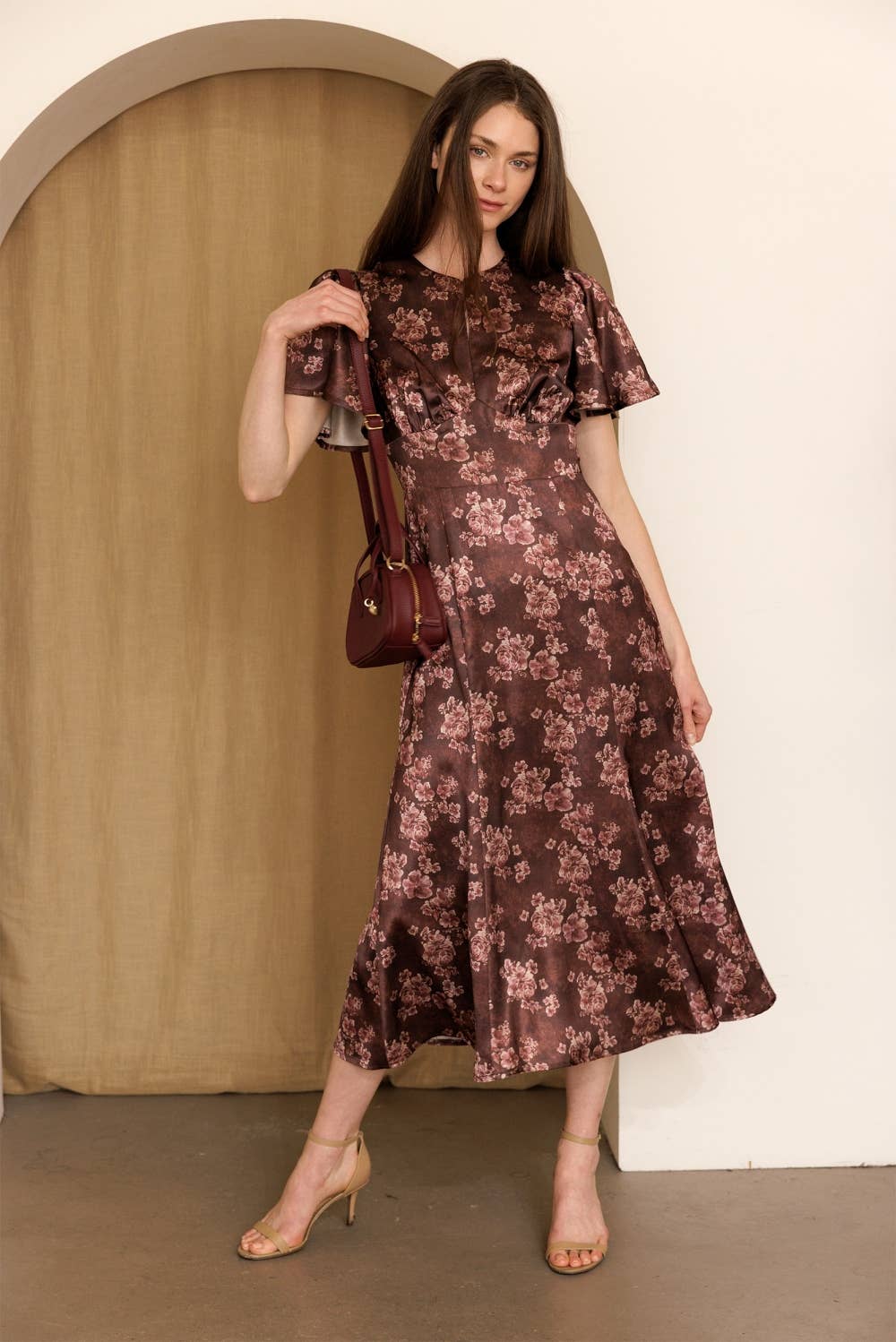 Vintage Rose Flutter Sleeve Midi Dress