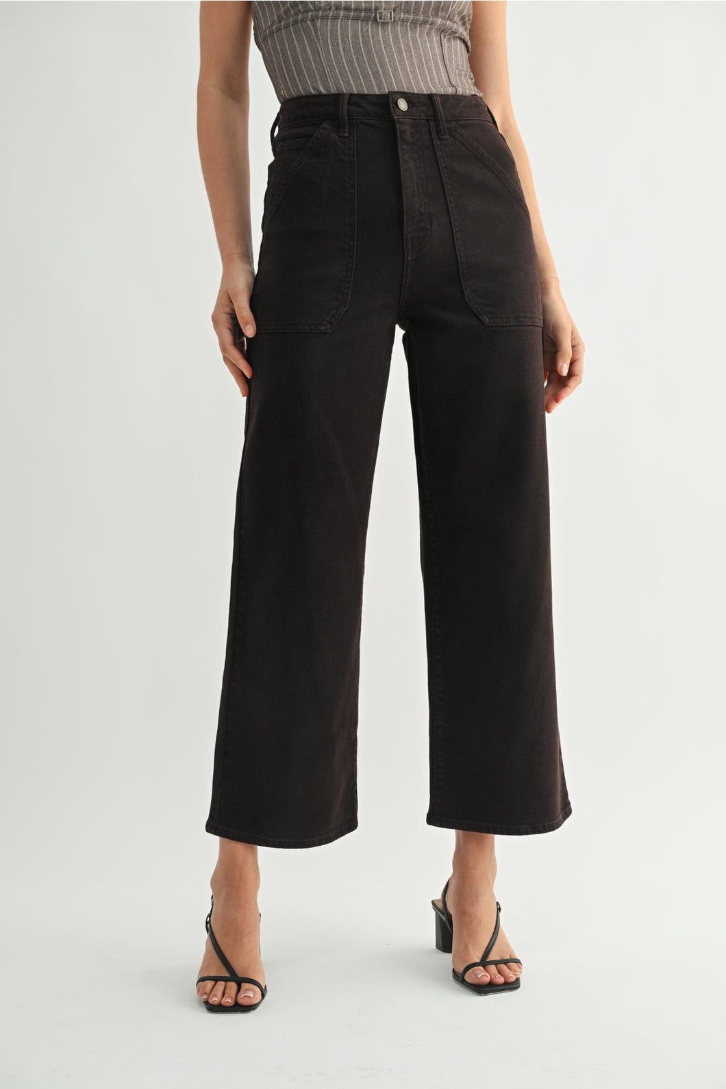 Just Black Denim High Rise Cargo Pocket Wide Leg | Chocolate