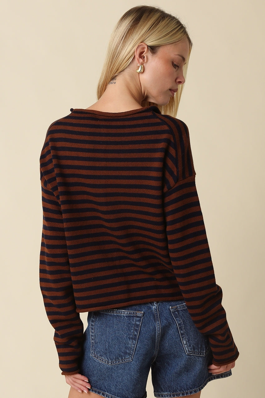 Elina Striped Collar Sweater | Brown/Dk Navy