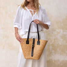 Load image into Gallery viewer, Rattan Beach Basket Tote Bag with Dark Leather Trim
