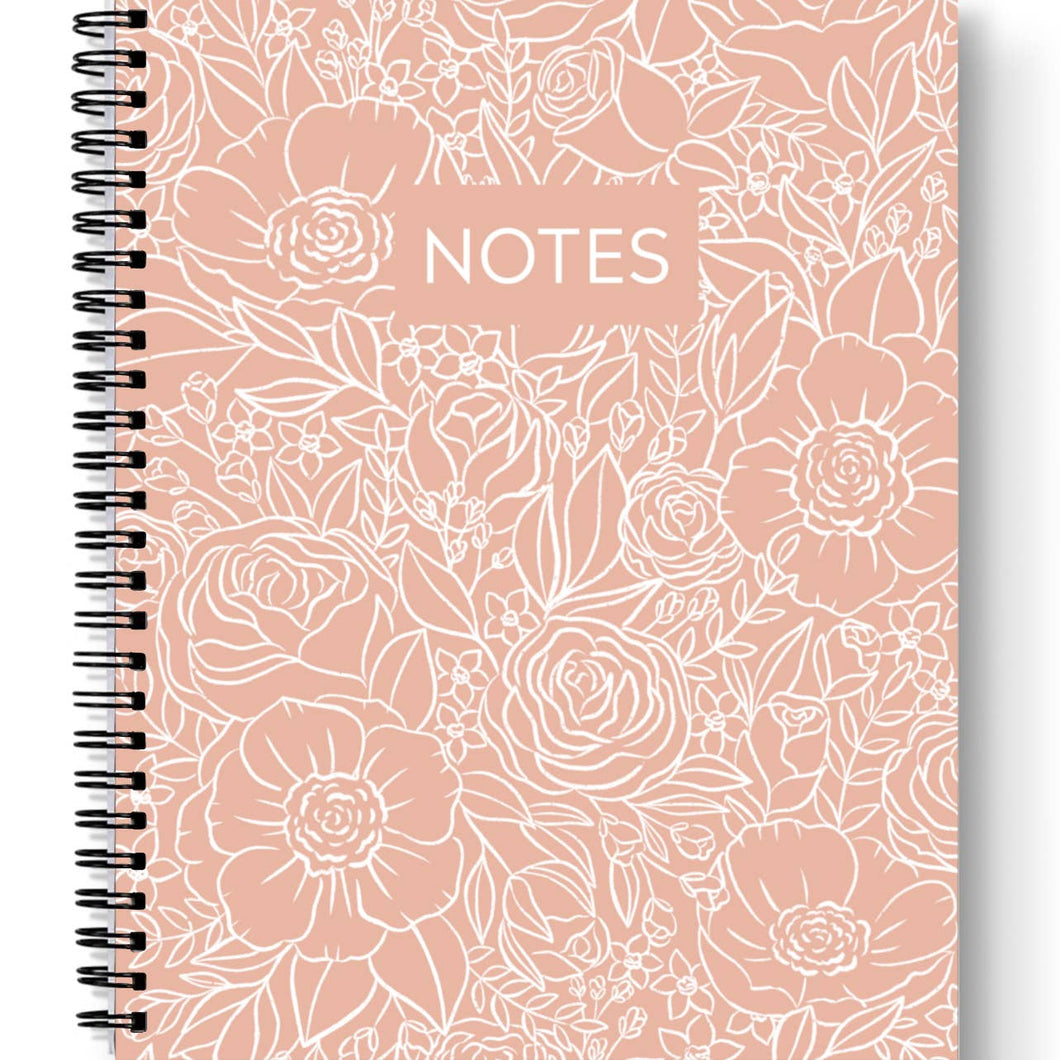 White Line Drawn Floral Spiral Lined Notebook 8.5x11in.