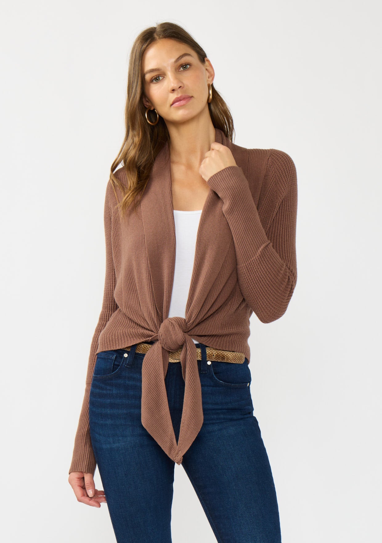 Waffle Knit Long Sleeve Tie Front Cardigan | Clove
