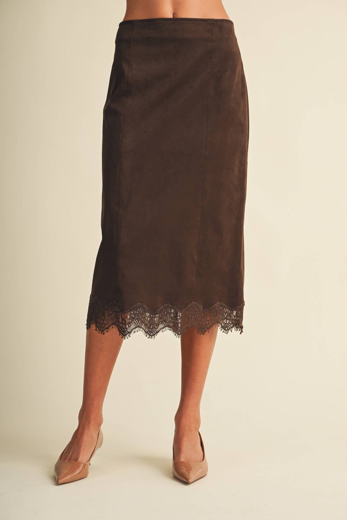 The Lace-Trim Microsuede Midi Skirt