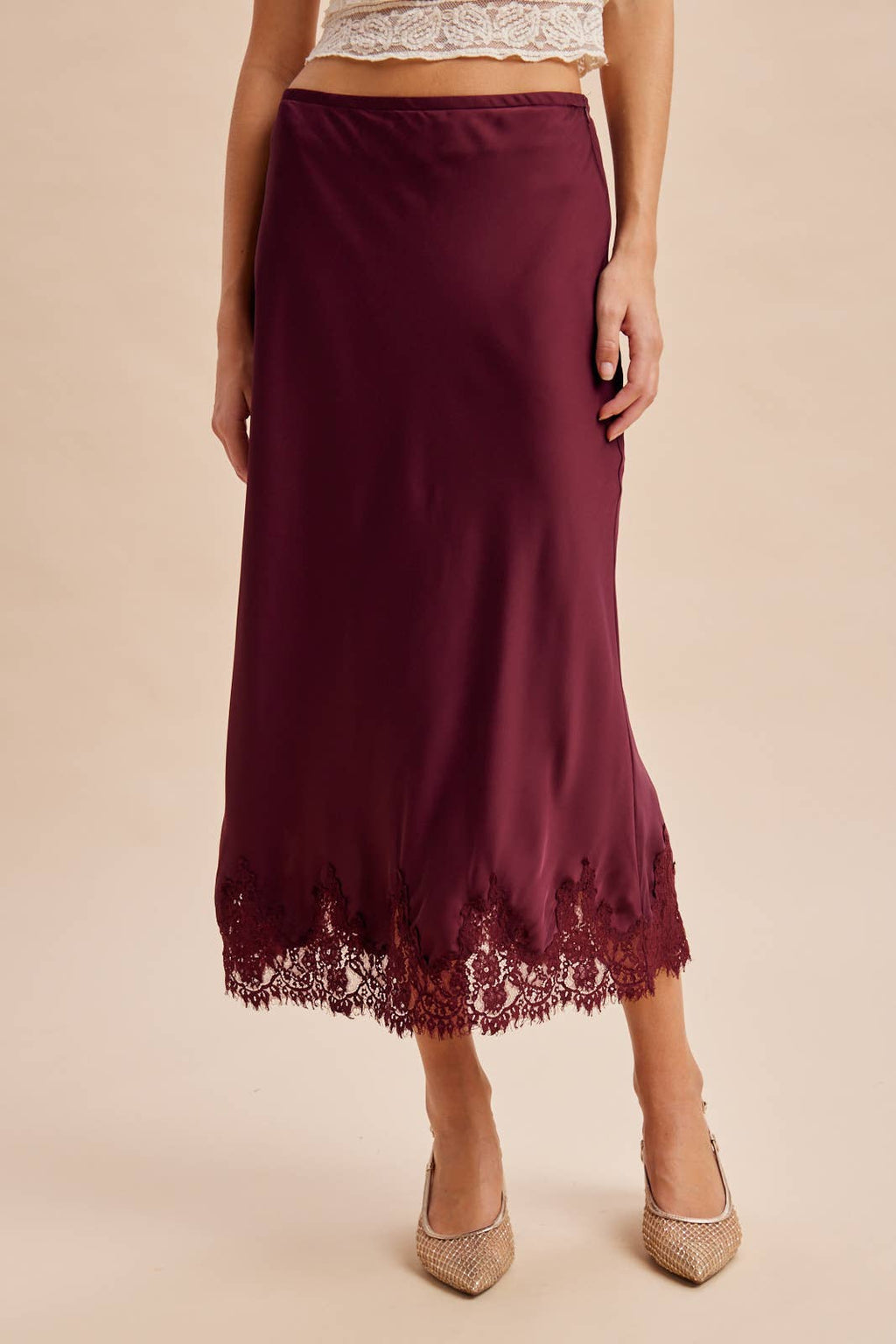 The Bordeaux Lace-Trim Satin Midi Skirt