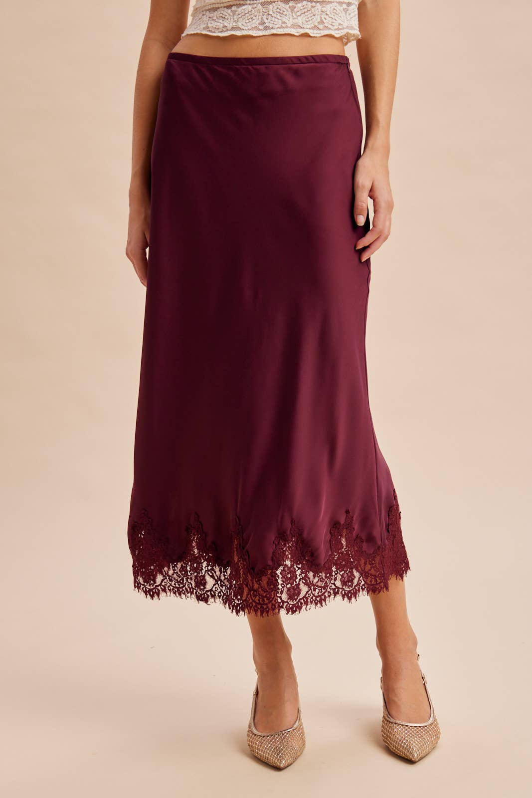 The Bordeaux Lace-Trim Satin Midi Skirt