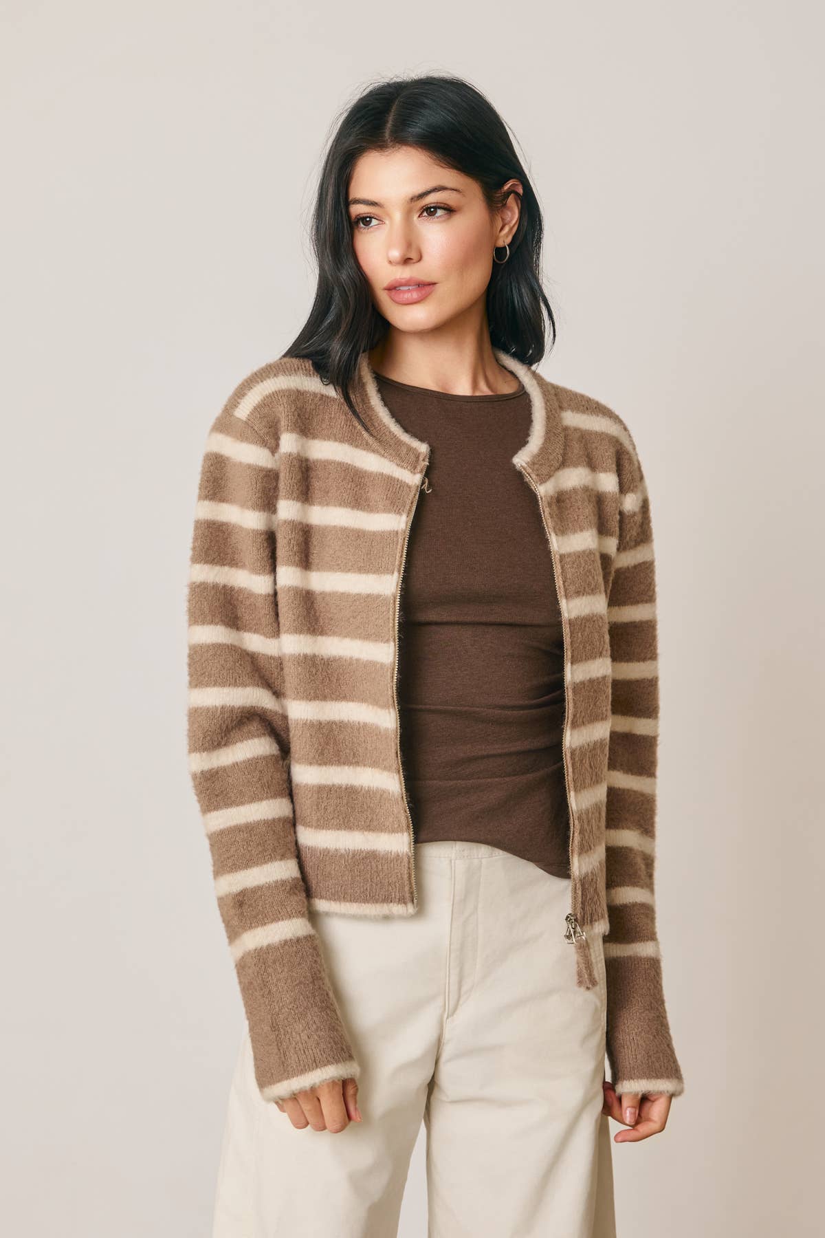 Striped Double Zip Up Cardigan | Brown/Cream