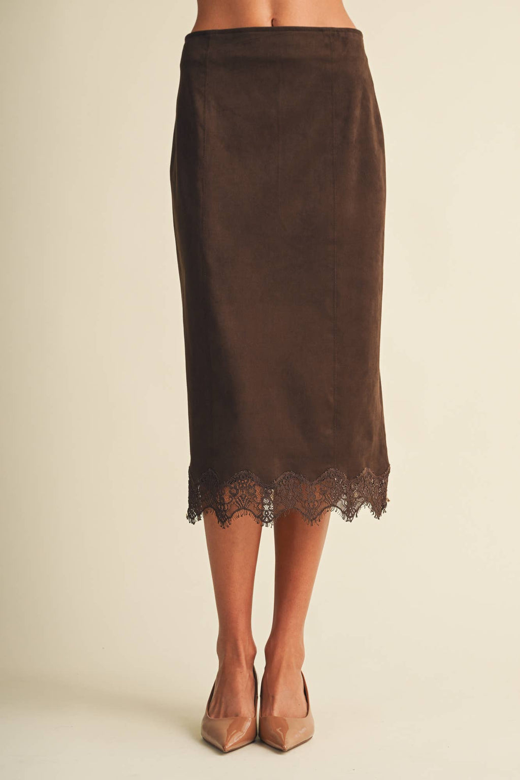 The Lace-Trim Microsuede Midi Skirt