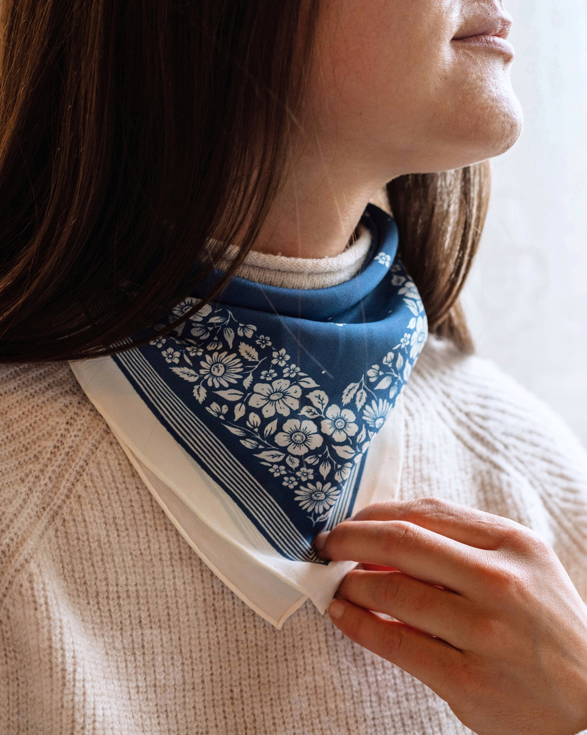100% Silk Bandana Scarf | Santorini Floral China Blue Western