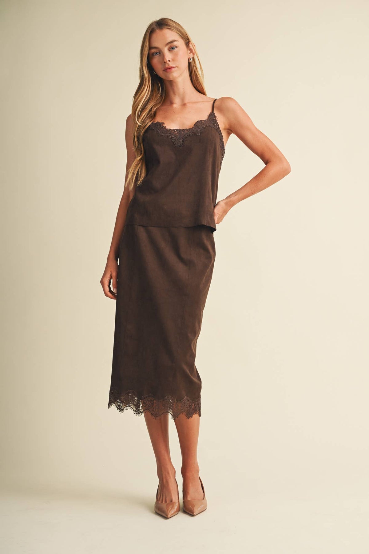 The Lace-Trim Microsuede Midi Skirt