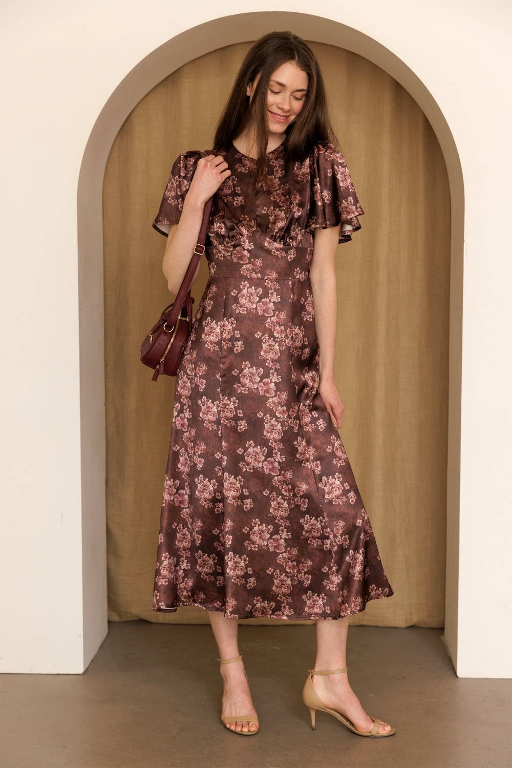 Vintage Rose Flutter Sleeve Midi Dress
