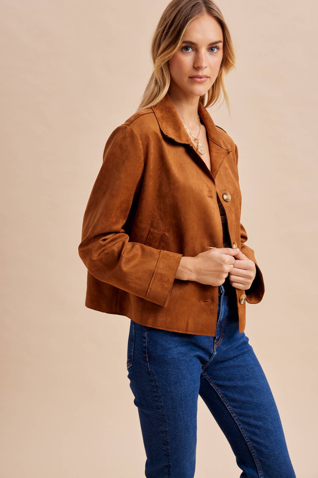 Suede Button-Front Jacket | Camel