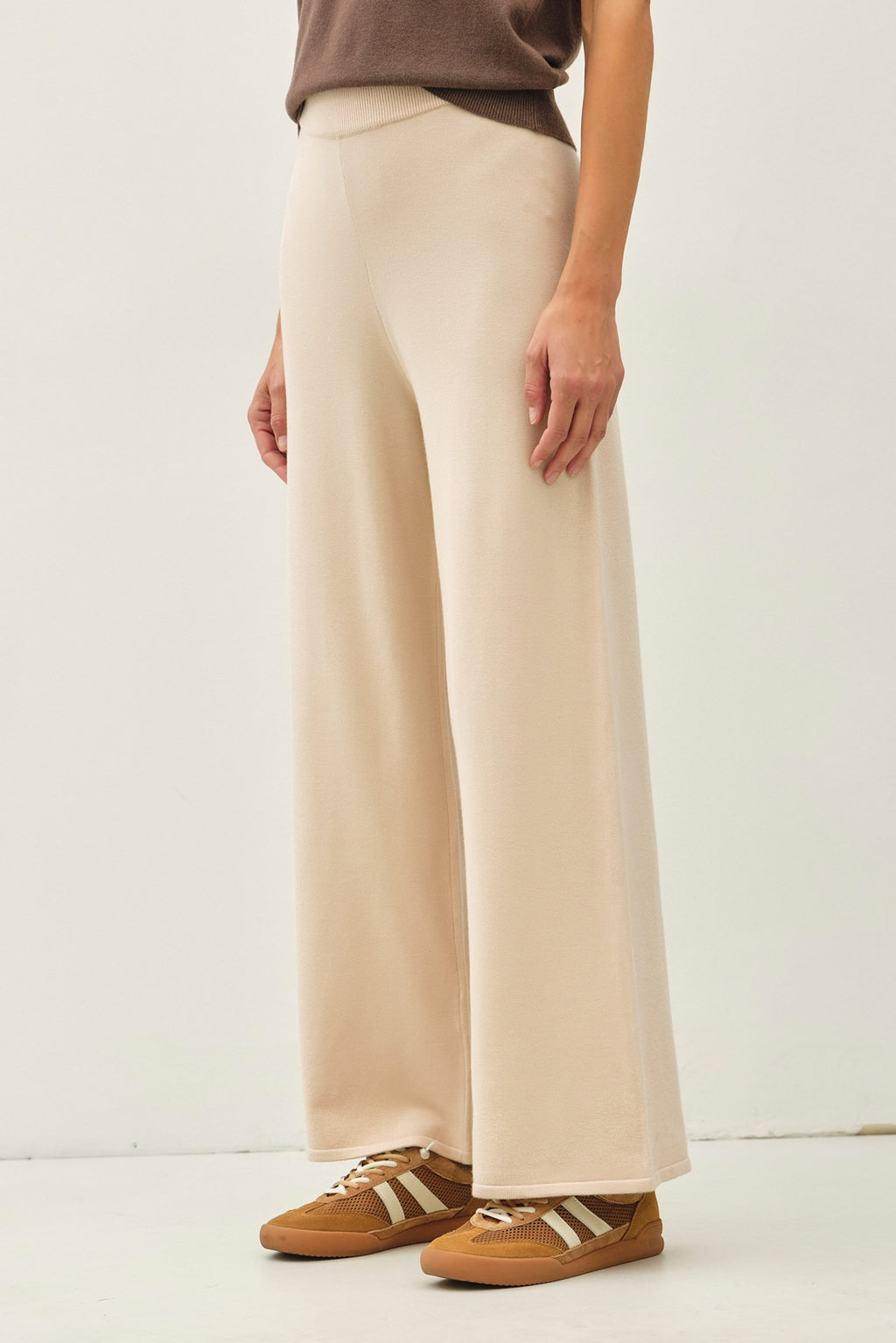 Ultra Comfy Wide Leg Ribbed Knit Pull On Pants | Beige