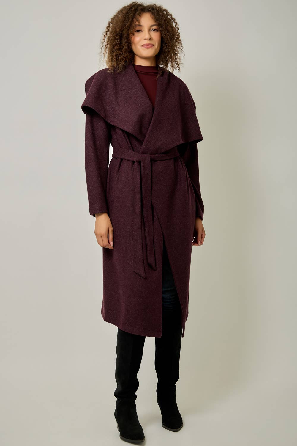 Shawl Collar Long Coat | Burgundy