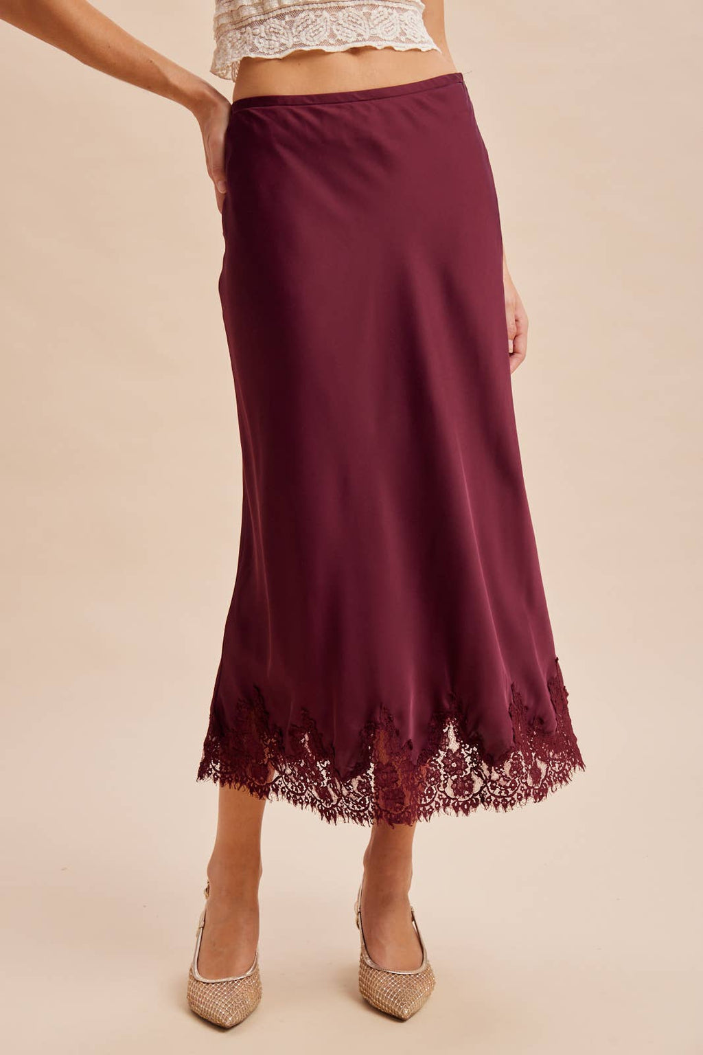 The Bordeaux Lace-Trim Satin Midi Skirt