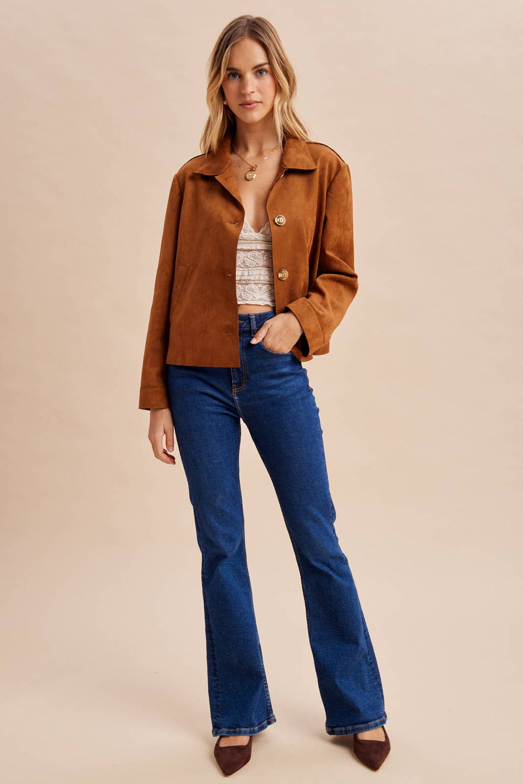 Suede Button-Front Jacket | Camel