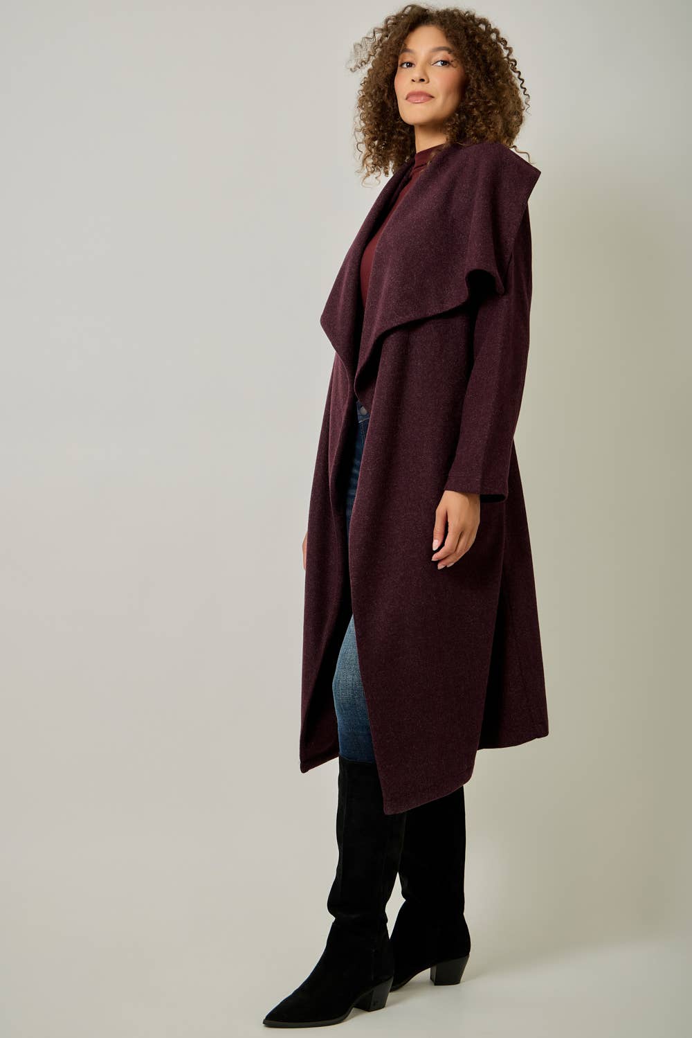 Shawl Collar Long Coat | Burgundy