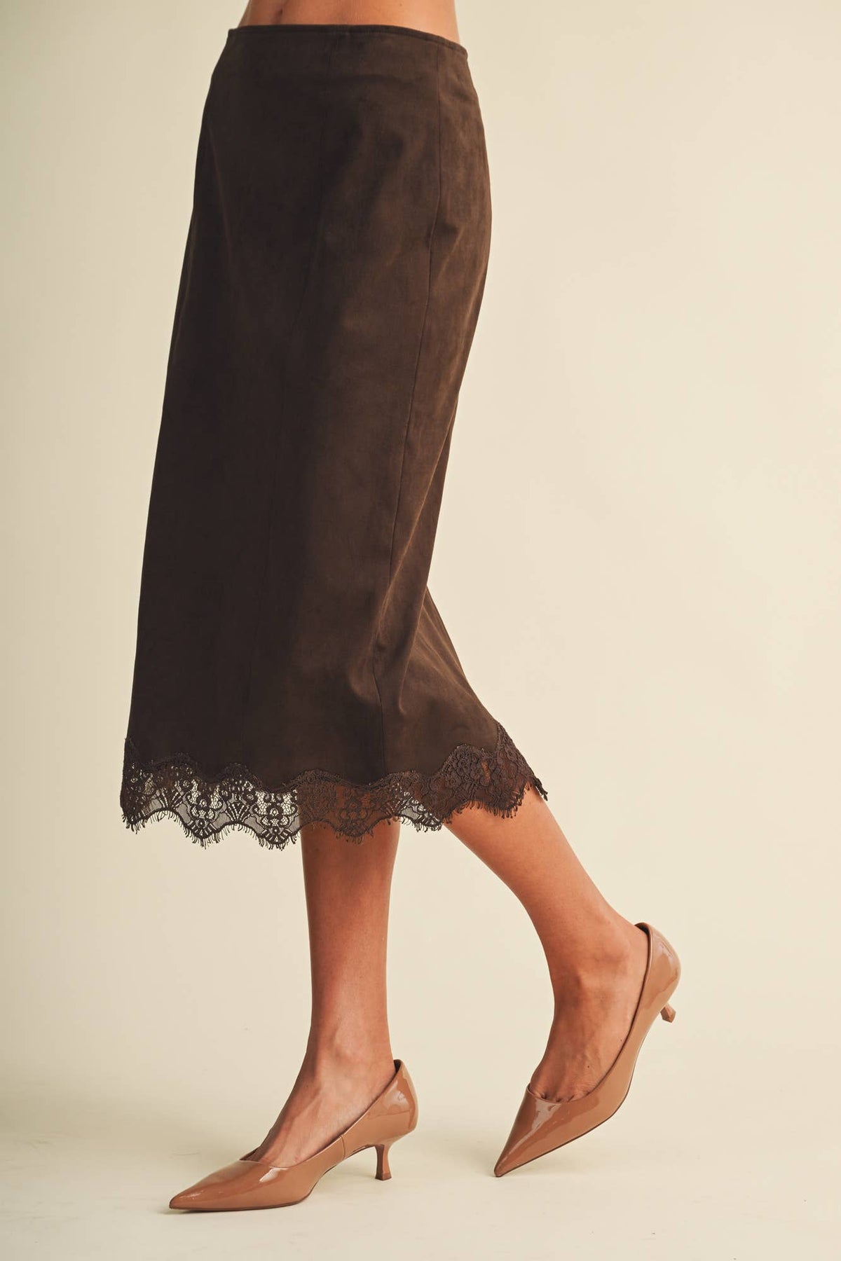 The Lace-Trim Microsuede Midi Skirt
