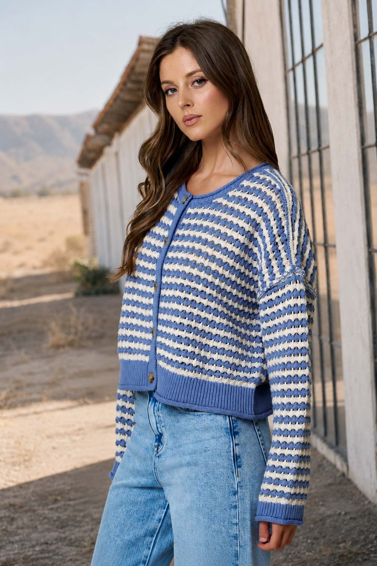 Linden Crochet Knit Cardigan | Dusty Blue
