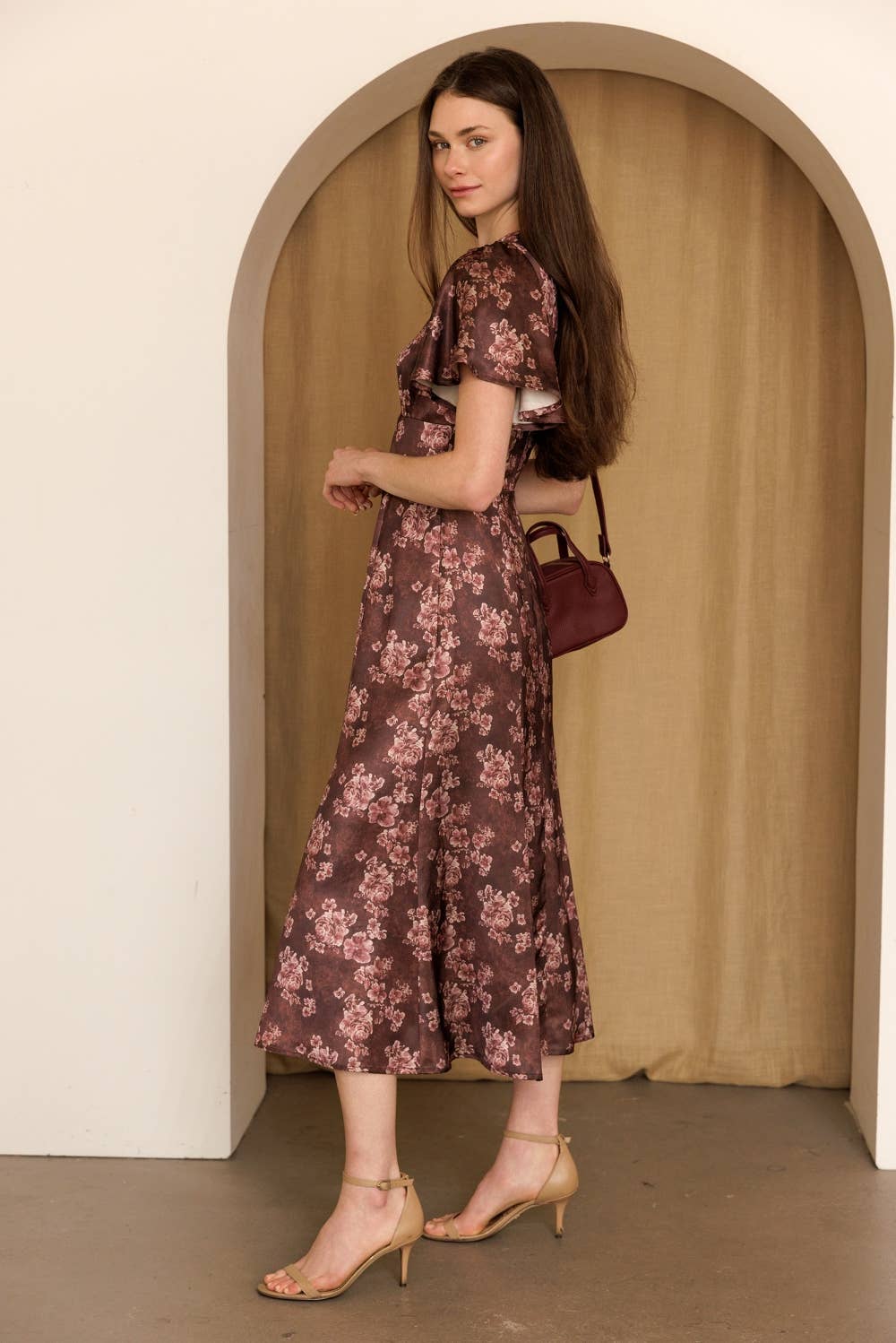 Vintage Rose Flutter Sleeve Midi Dress