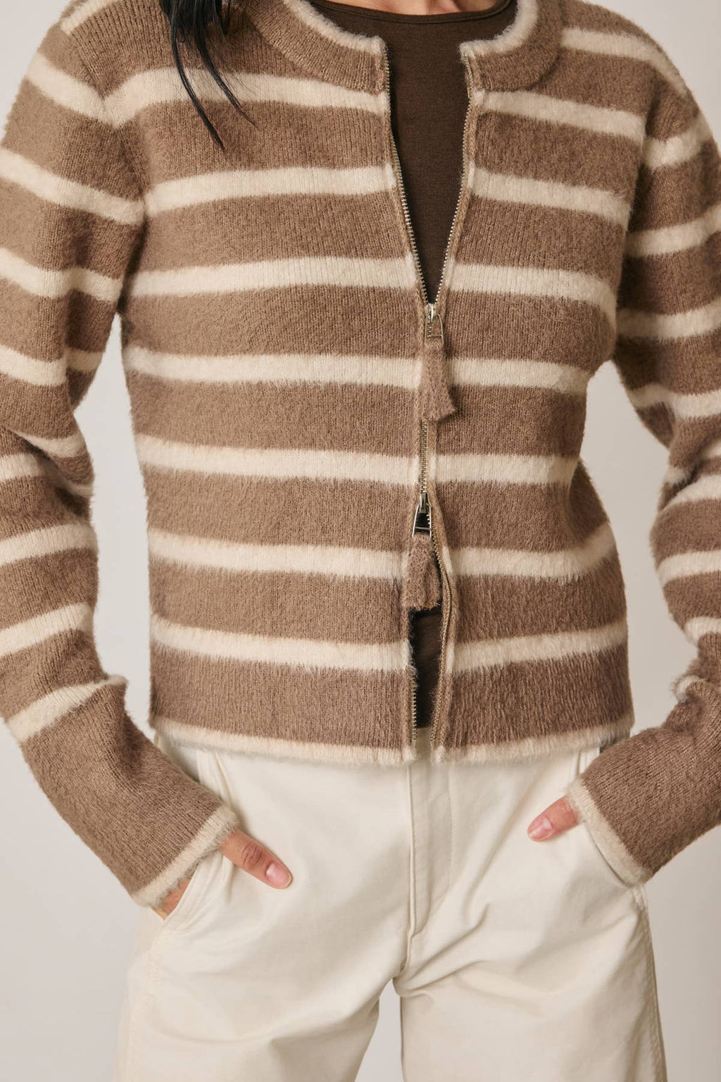 Striped Double Zip Up Cardigan | Brown/Cream