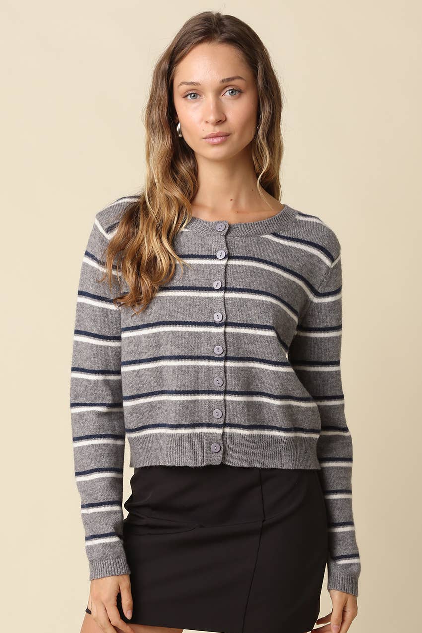Ariella Stripe Knit Cardigan | Grey Navy Cream