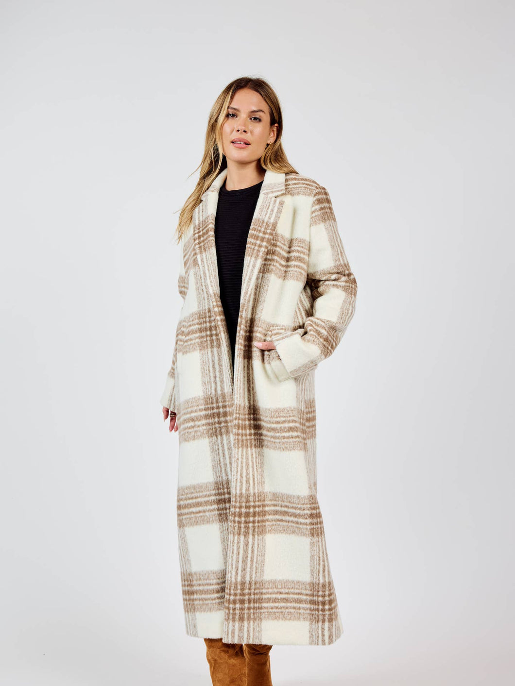 Zella Plaid Buttoned Long Coat: Ivory Multi