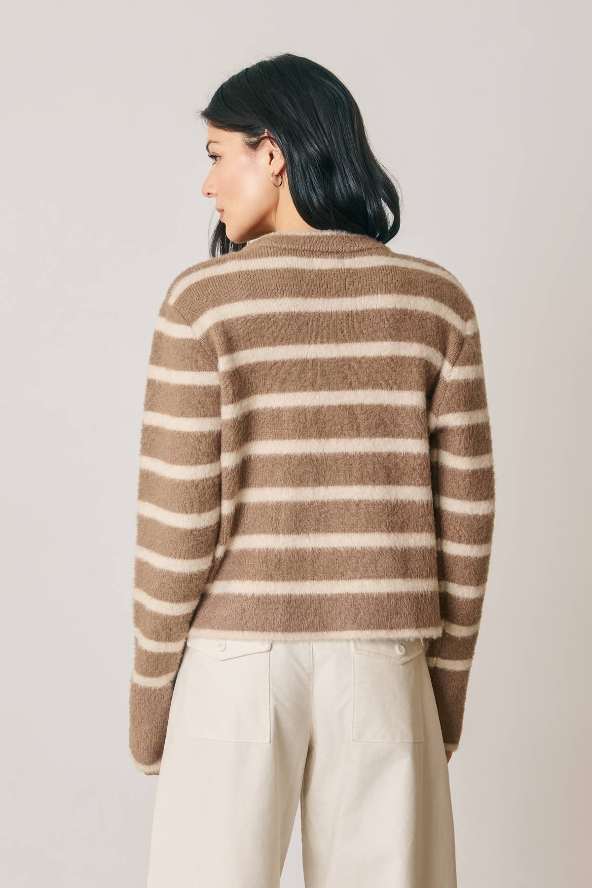 Striped Double Zip Up Cardigan | Brown/Cream