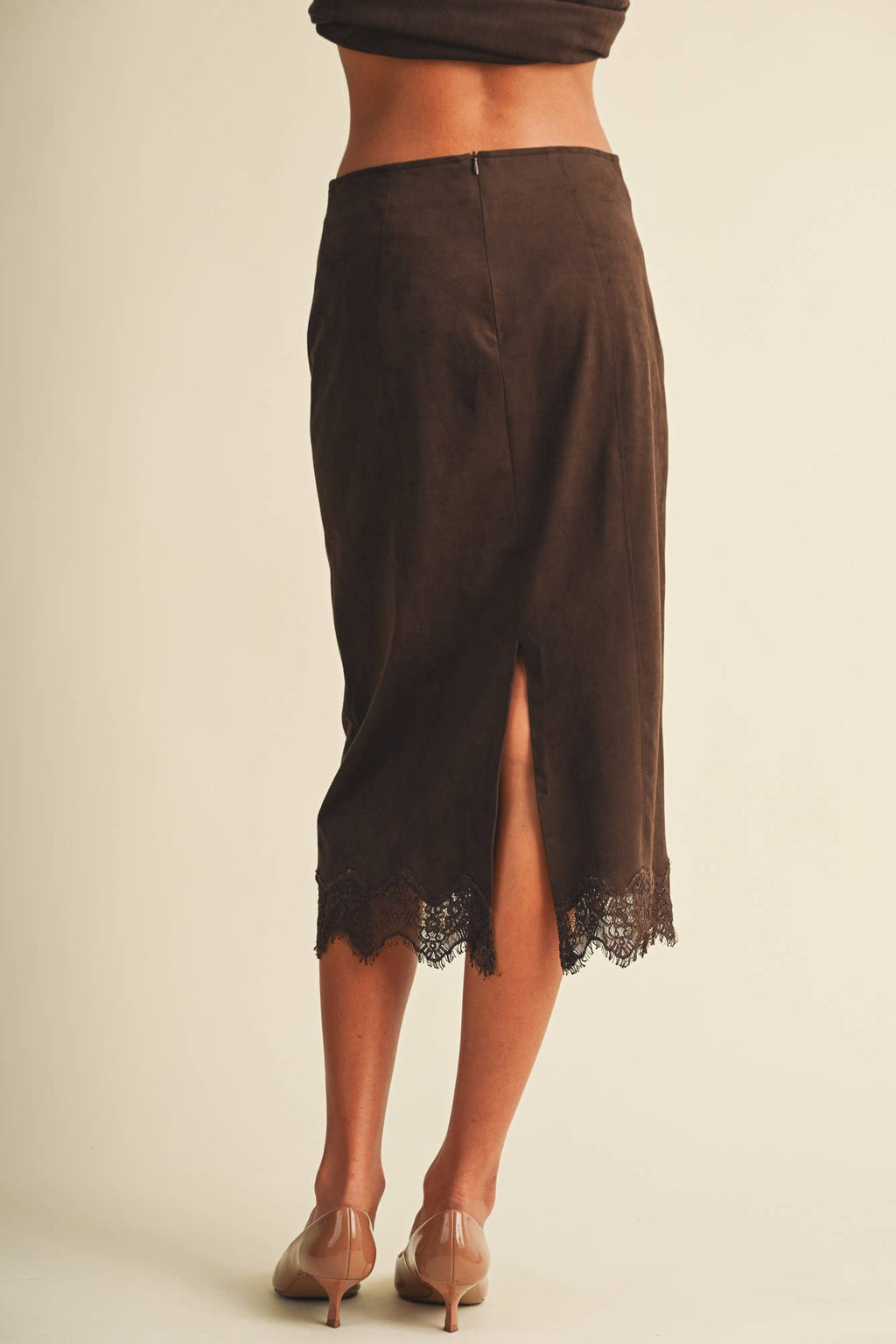 The Lace-Trim Microsuede Midi Skirt