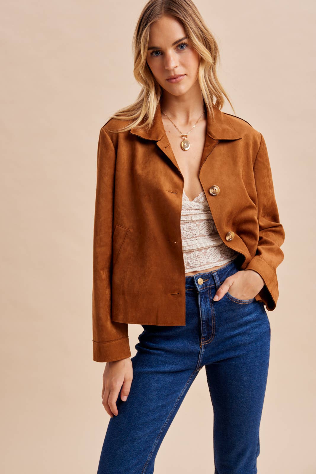 Suede Button-Front Jacket | Camel