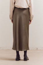 Load image into Gallery viewer, Flared Satin Maxi Skirt | Martini Olive
