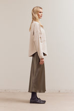 Load image into Gallery viewer, Flared Satin Maxi Skirt | Martini Olive
