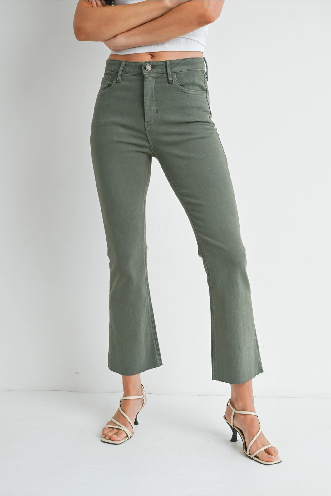 Just Black Denim High Rise Tonal Crop Flare | Vintage Olive