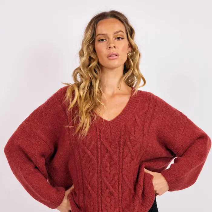 Estella V Neck Cable Knit Sweater | Deep Red