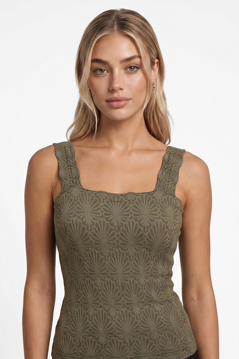 Lace Textured Square Tank | Earth Olive