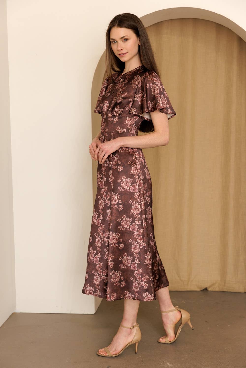 Vintage Rose Flutter Sleeve Midi Dress