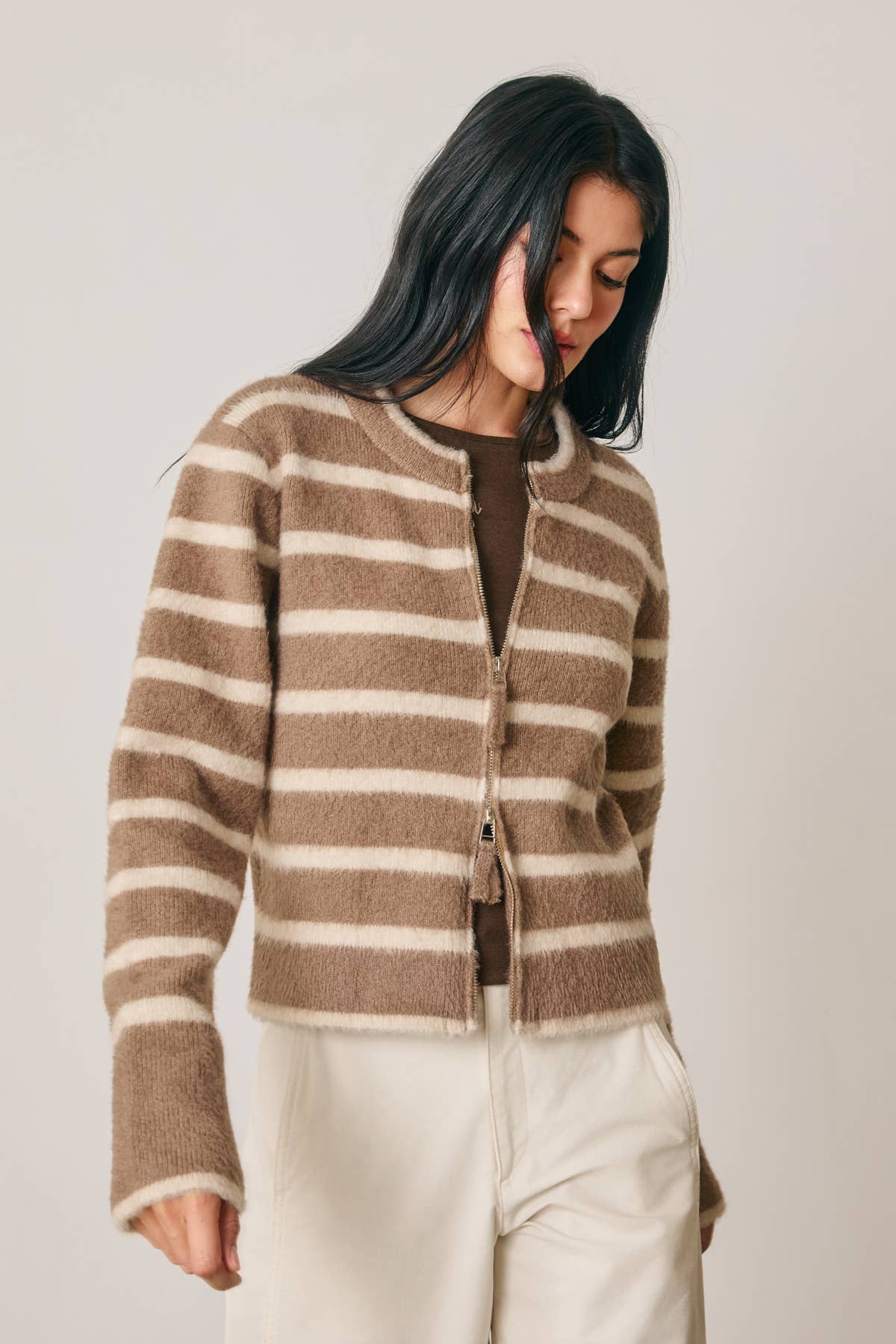 Striped Double Zip Up Cardigan | Brown/Cream