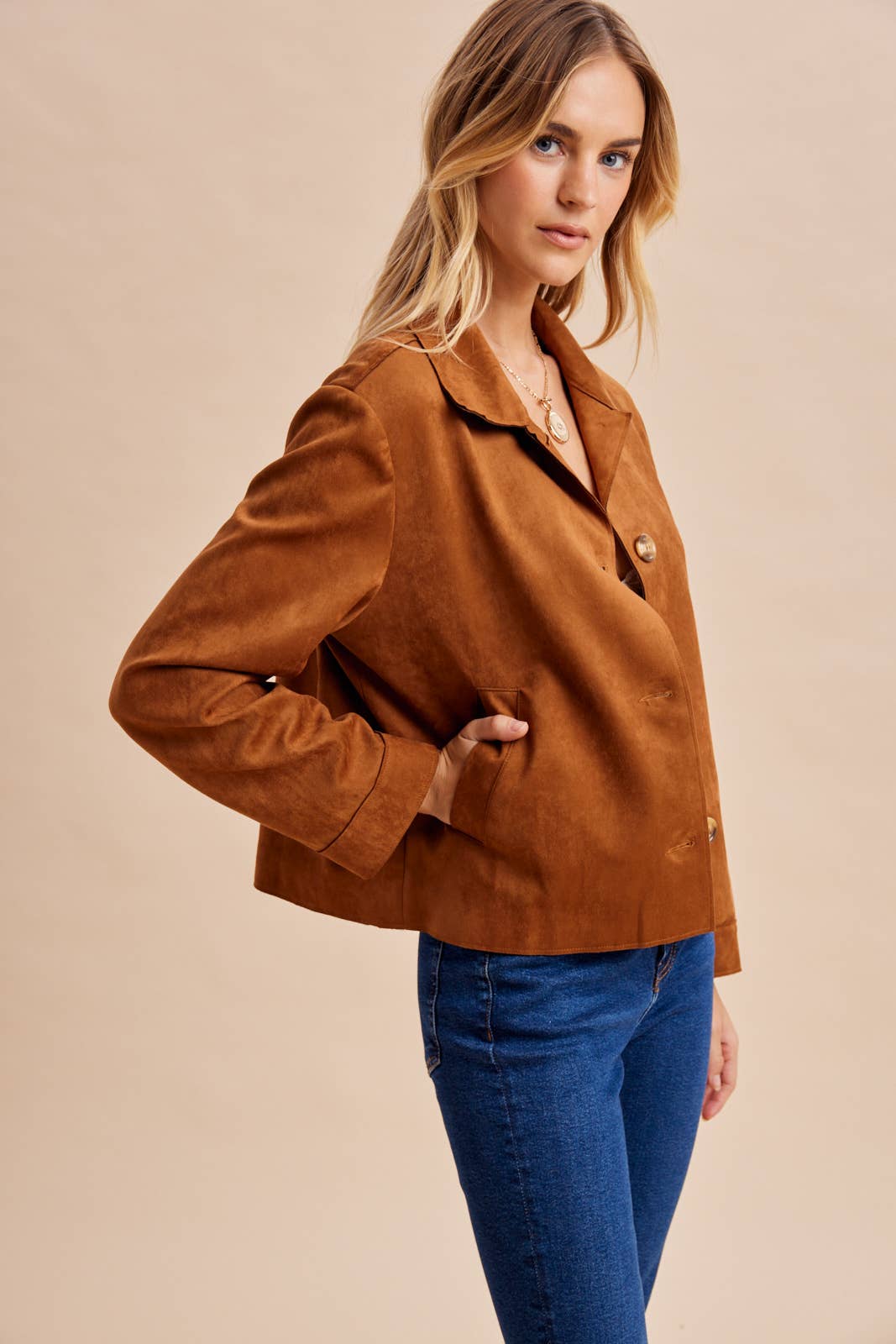 Suede Button-Front Jacket | Camel