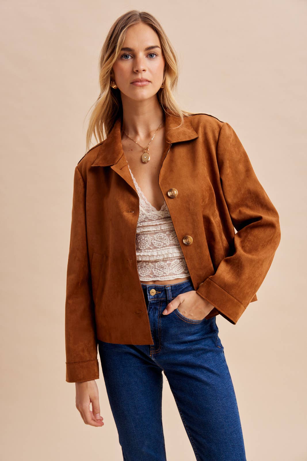 Suede Button-Front Jacket | Camel