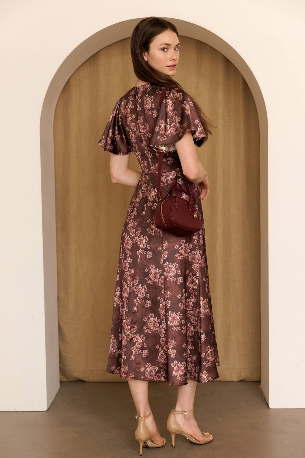Vintage Rose Flutter Sleeve Midi Dress