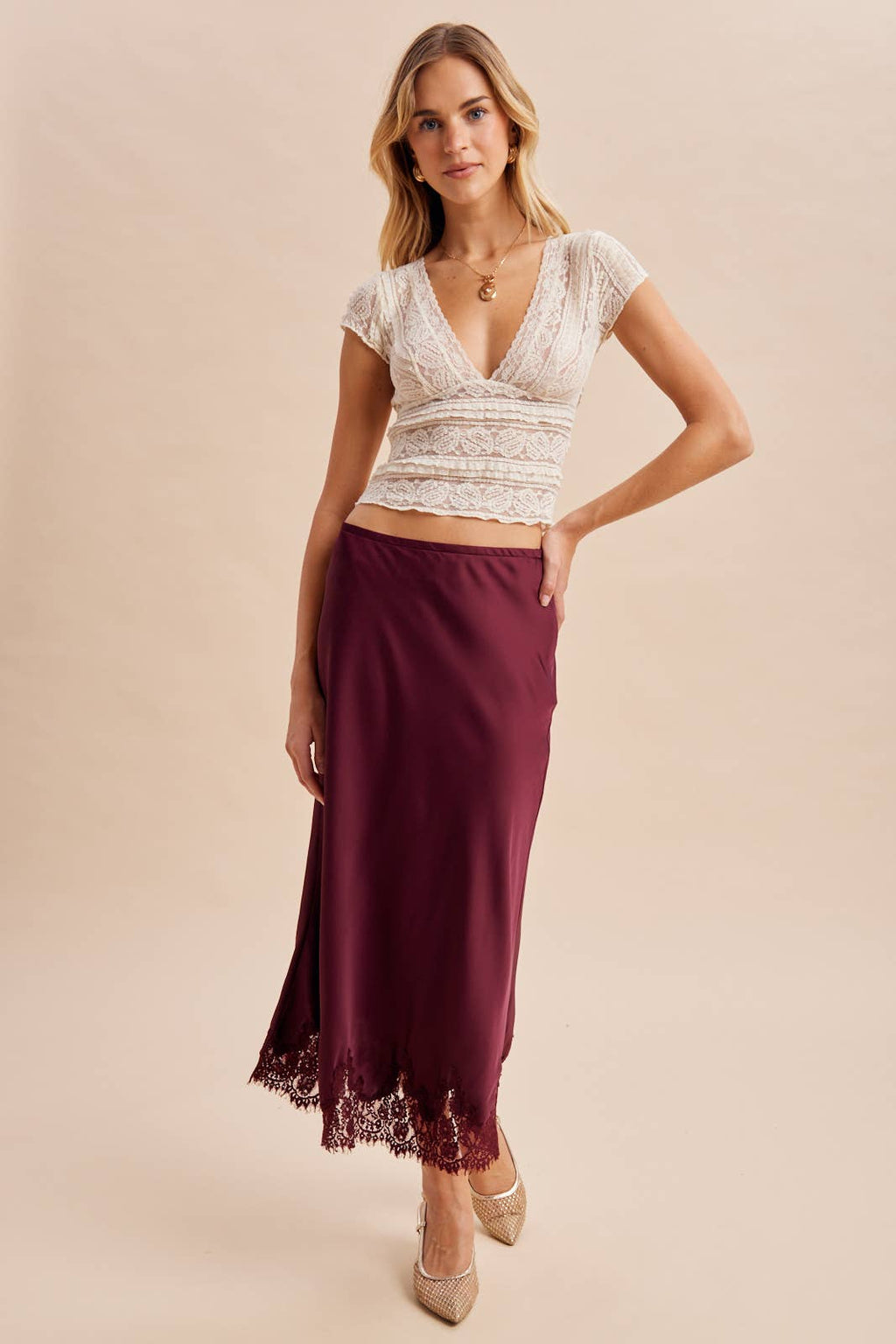 The Bordeaux Lace-Trim Satin Midi Skirt