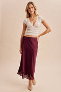 The Bordeaux Lace-Trim Satin Midi Skirt